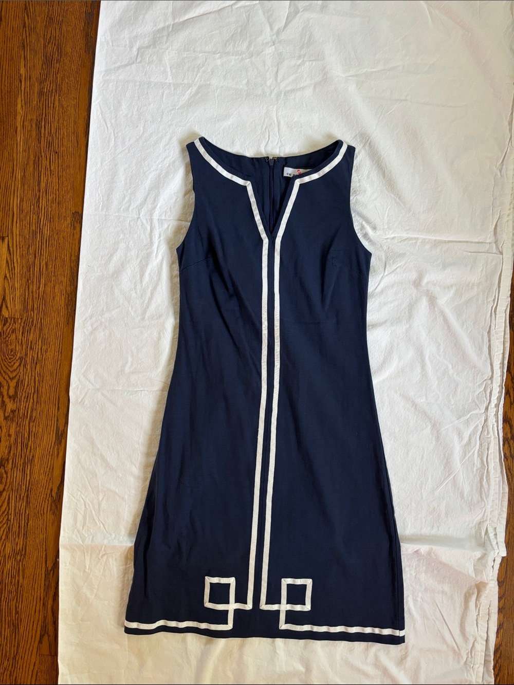 Navy Sleeveless Shift Dress with White Trim